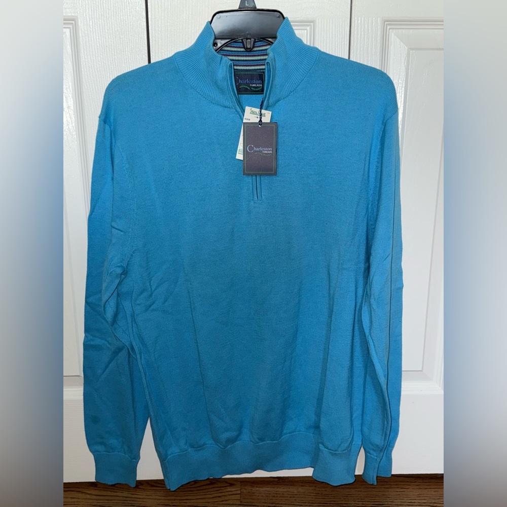 Men's Charleston Blue Sweater with Zip-Up Neck. 100% cotton.  Never worn.
